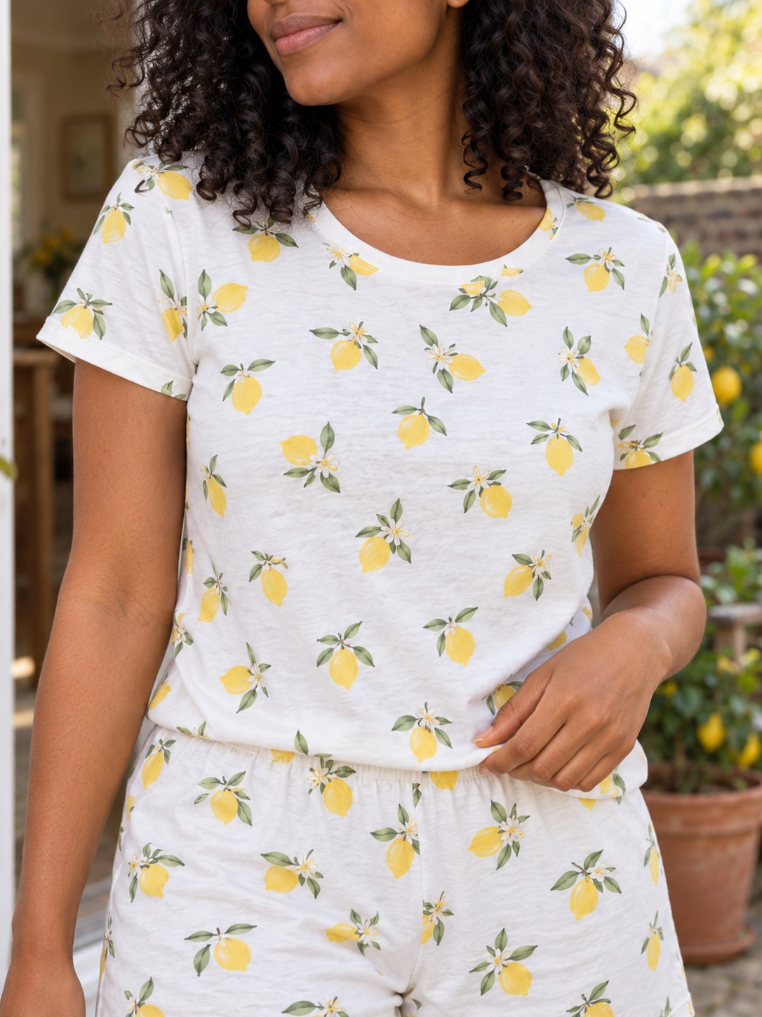 Iris Lemon Print Jersey Shortie Set - fabric detail