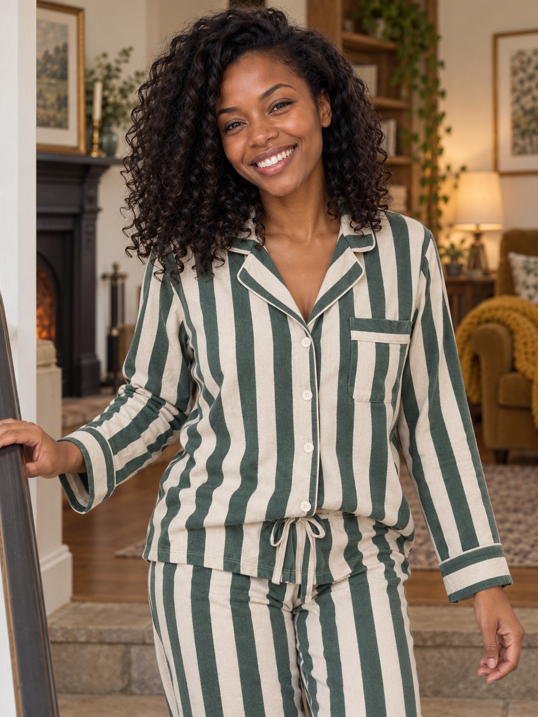 Maeve Brushed Cotton Stripe Pyjama Set - front close-up