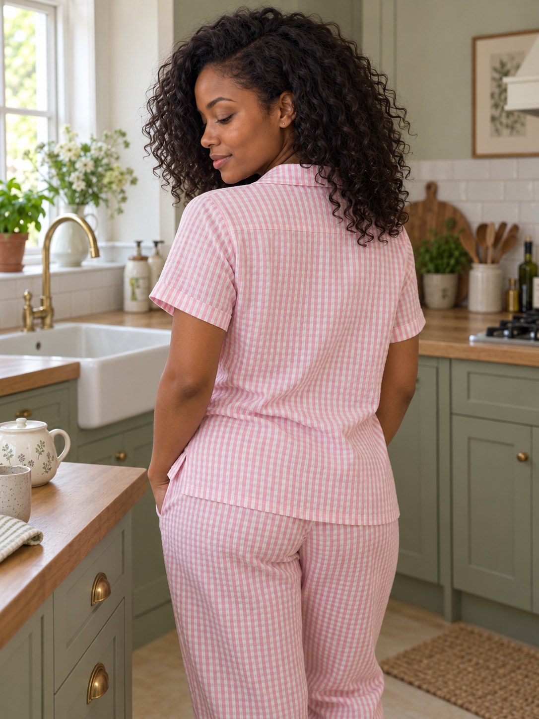 Nell Seersucker Cropped Pyjama Set - back view