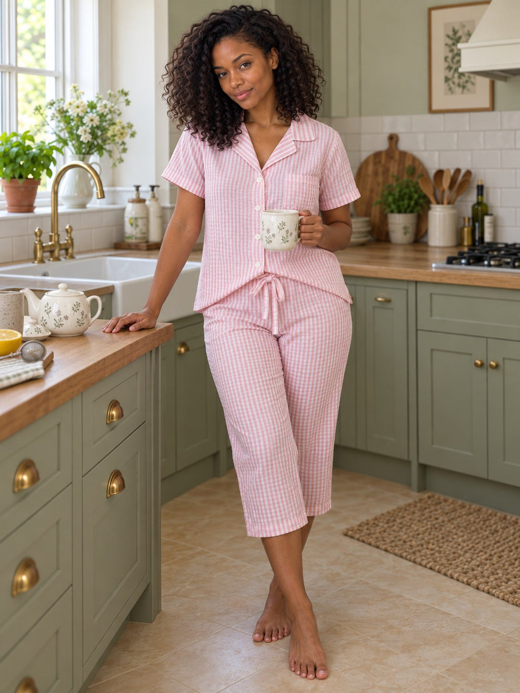 Nell Seersucker Cropped Pyjama Set - full length
