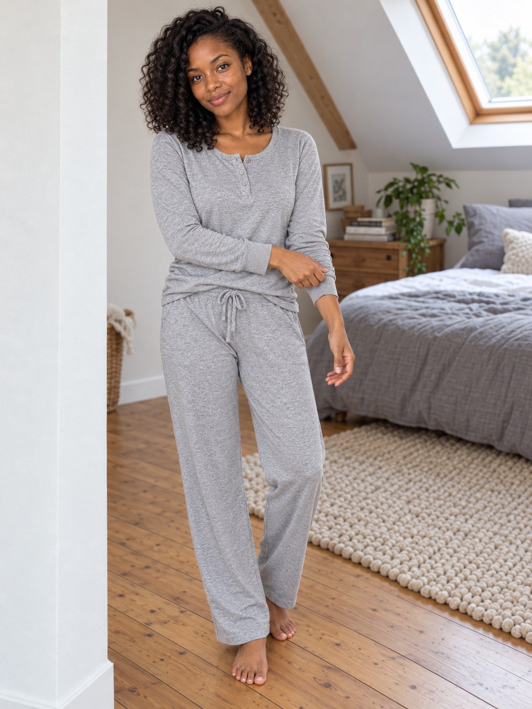 Thea Cotton Jersey Henley Pyjama Set - full length