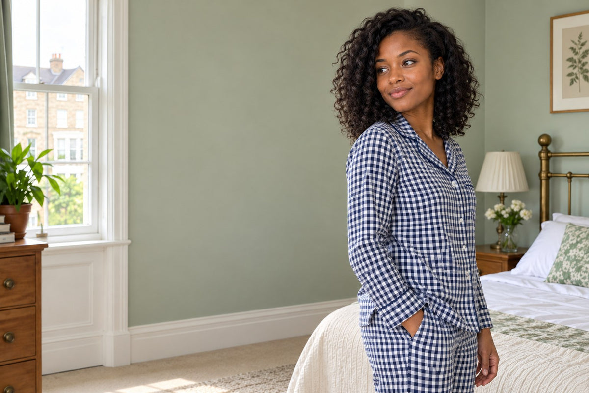 Woman in a navy gingham Vardenz pyjama set in a bright bedroom